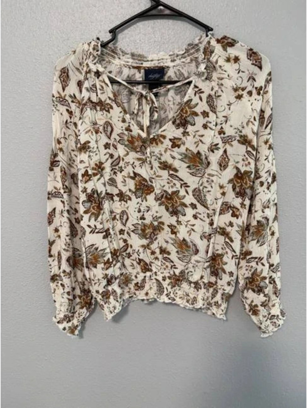 # 6164 Daytrip Cream Brown Floral Long Sleeve Blouse Size S